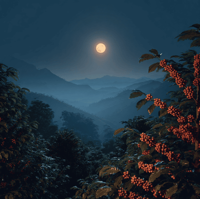 Coffee farm under full moon showing cherry ripeness influenced by lunar cycles — harvest timing study