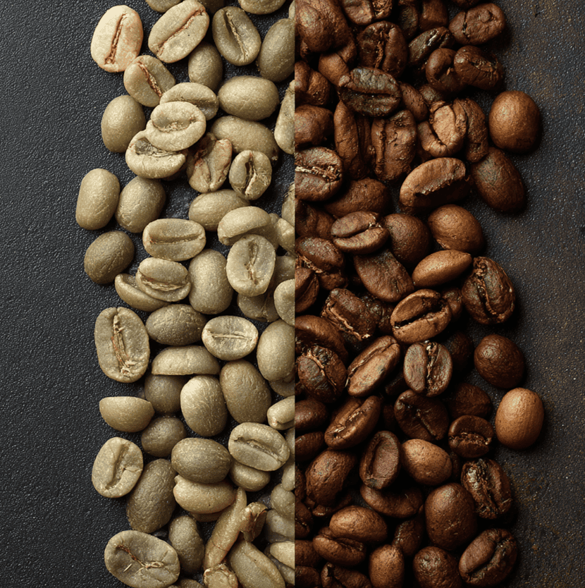 Coffee bean comparison of before and after roasting