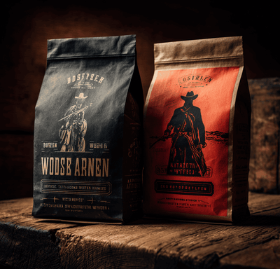 Western-themed coffee bags representing the Free Rein and Bosque Ranch branding controversy.