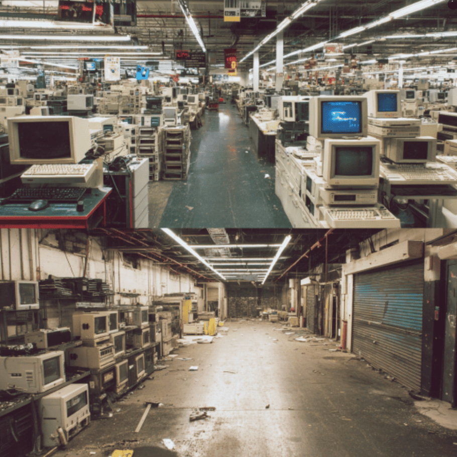Interior of a CompUSA store during its peak, contrasted with a closed and empty location representing the chain’s disappearance.
