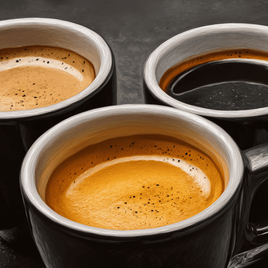 Three espresso shots with different crema colors showing how roast level and extraction affect crema appearance.