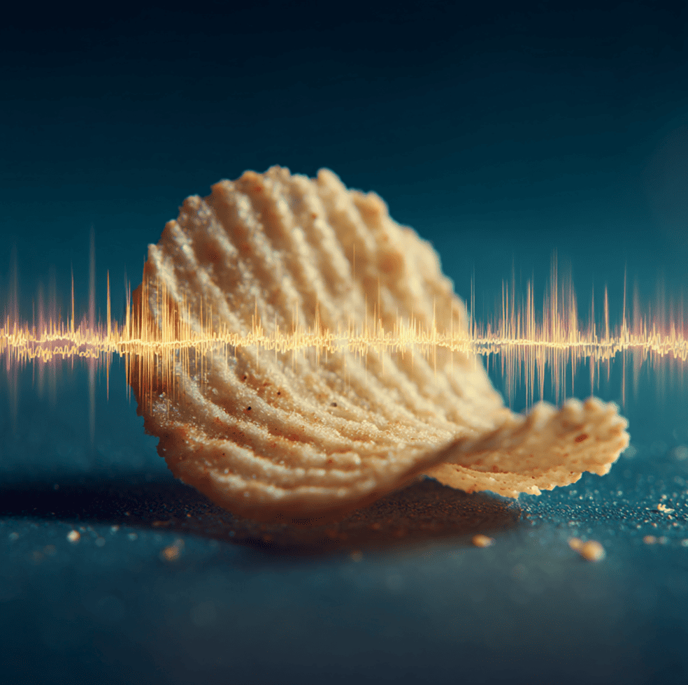 Macro shot of a food item breaking with a loud crunch, highlighting how sound influences texture and taste perception.