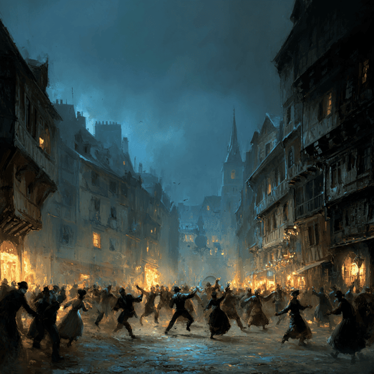 Artistic depiction of the 1518 Dancing Plague with townspeople dancing uncontrollably on a medieval street.