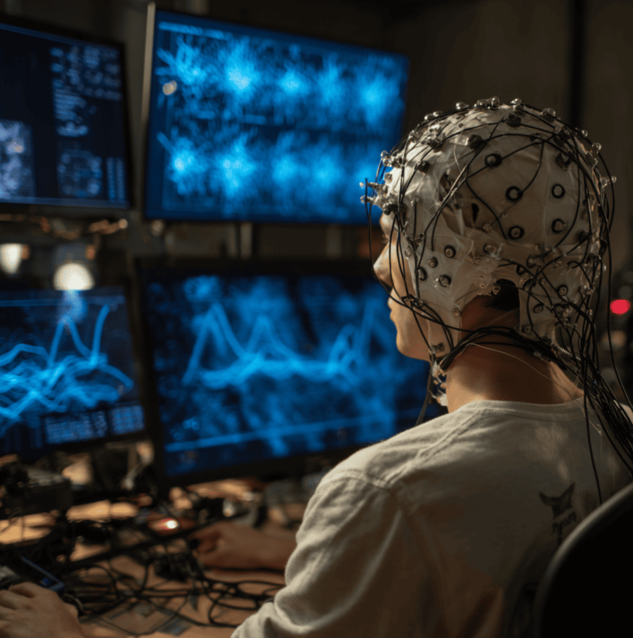 EEG-based neural interface research setup, illustrating military experiments in synthetic telepathy and mind-to-machine communication.