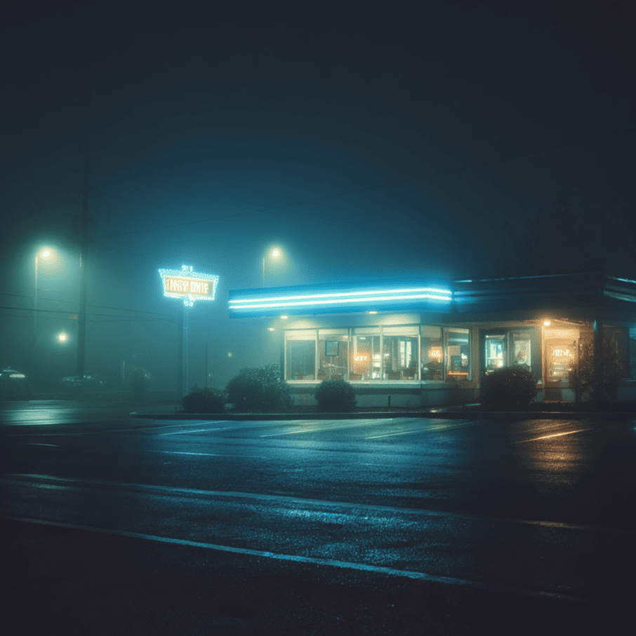 Neon-lit roadside café at night on empty highway — phantom 24-hour diner that appears on no maps