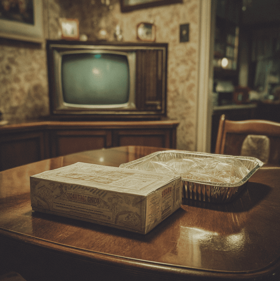 Vintage Swanson TV Dinner packaging beside a classic aluminum-tray meal, symbolizing the rise and fall of the frozen-food brand.