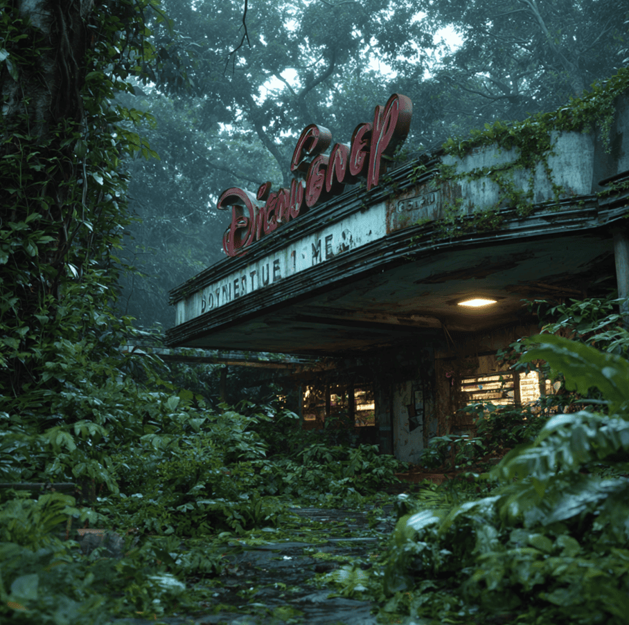 Abandoned Disney park structure overtaken by vegetation, symbolizing corporate missteps and closed attractions.