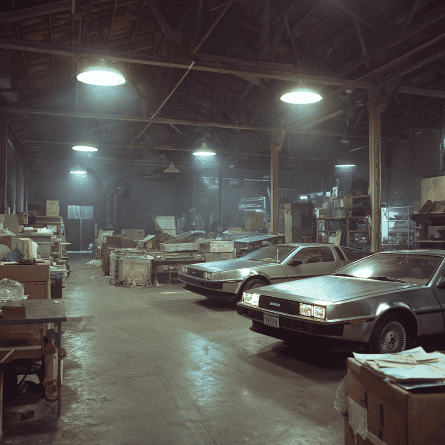 DeLorean parts and incomplete cars in a warehouse, symbolizing the mystery of missing and mismatched DMC-12 VIN numbers.