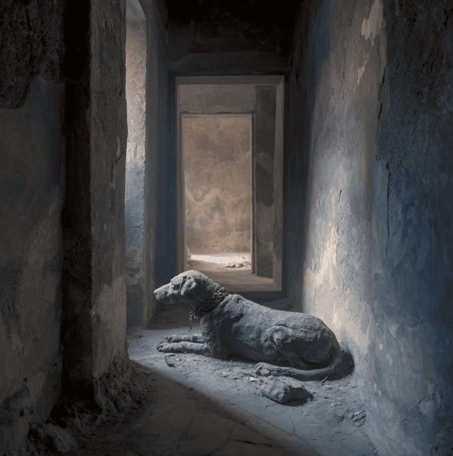 Cast of a chained dog from Pompeii stretched toward a doorway, representing its final escape attempt during the Vesuvius eruption.