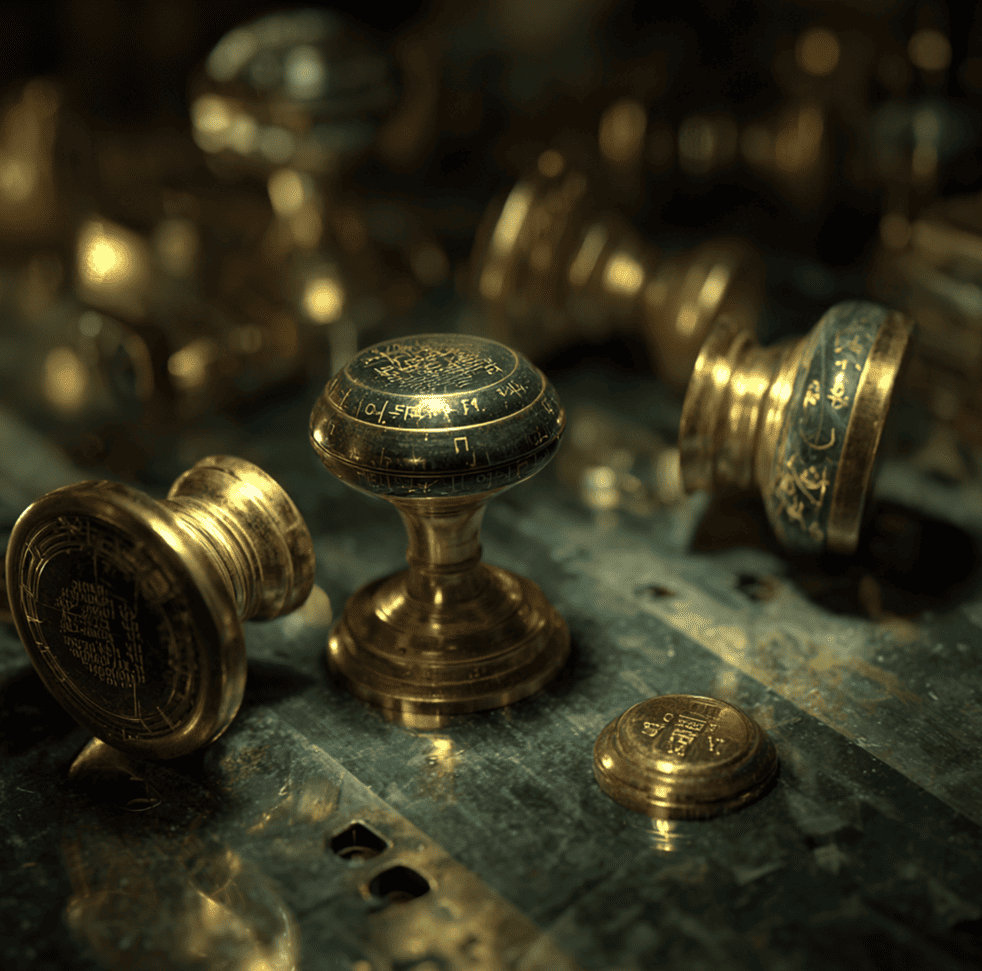 Brass doorknobs with coded etchings arranged as police evidence — strange theft ring mystery