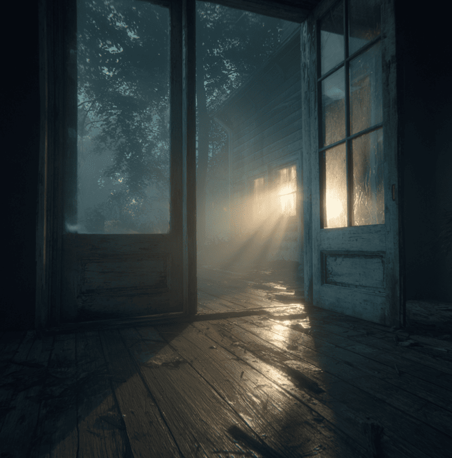 Abandoned house glowing from its floorboards at night — unexplained luminosity mystery