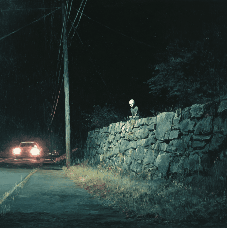 Depiction of the Dover Demon perched on a stone wall during the 1977 sightings in Massachusetts.