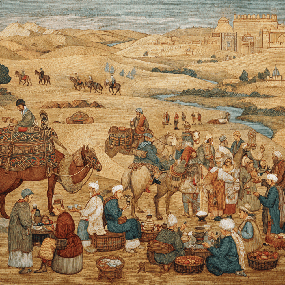 Travelers along the Silk Road sharing traditional beverages in a caravanserai, illustrating ancient hospitality rituals.