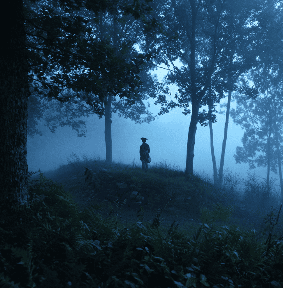 Foggy Tapp Hill with ghostly silhouette of a young Revolutionary War drummer