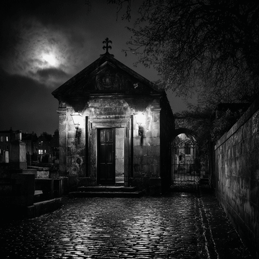 Locked Black Mausoleum at Greyfriars Kirkyard at night, symbolizing the violent Mackenzie Poltergeist reports.