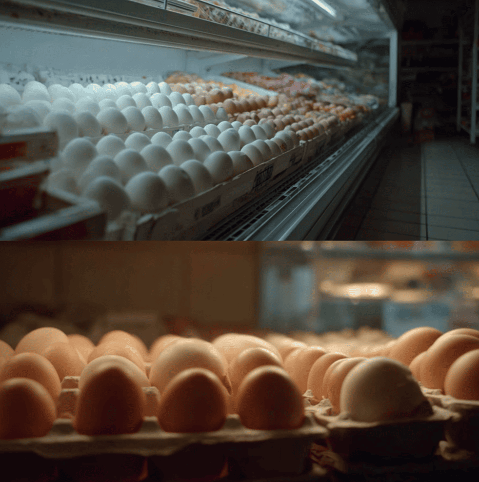 Comparison of American refrigerated eggs and unrefrigerated European eggs, illustrating how different handling systems shape storage practices.