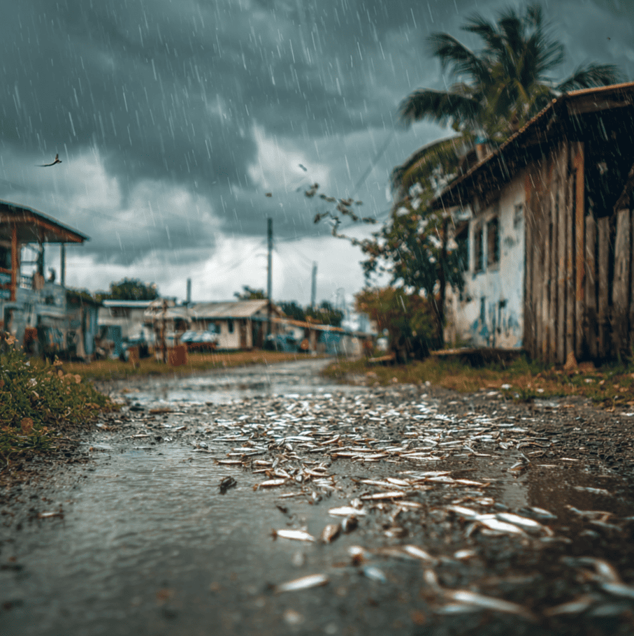 Depiction of Yoro, Honduras during the Rain of Fish, with small fish scattered after a storm.