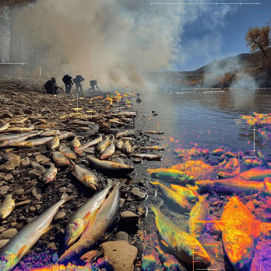 Cooked fish along a riverbank with scientists taking water samples, illustrating the forensic investigation into a mysterious thermal die-off