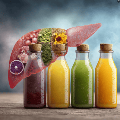 Healthy liver illustration contrasted with detox teas, highlighting the myth of commercial cleansing products.