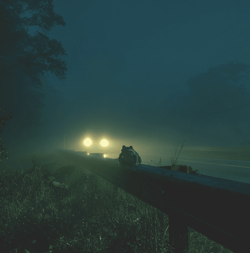 a frog-like upright creature briefly lit by police headlights near a guardrail in Ohio