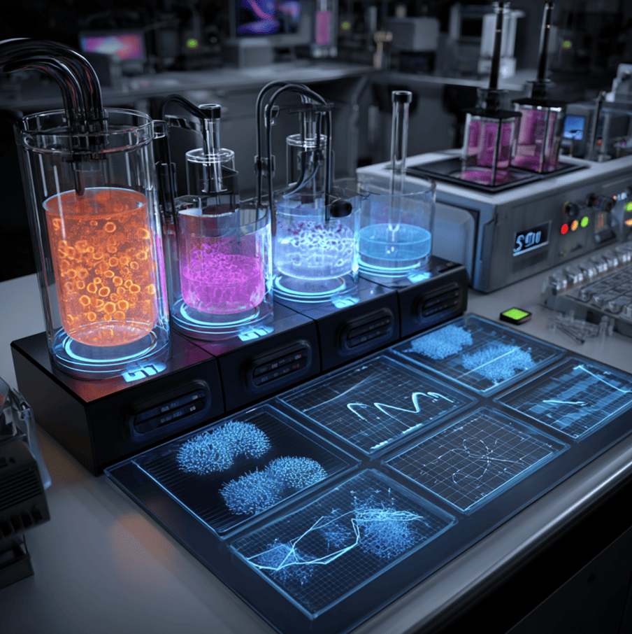 Bioreactor vessels and cultured fat samples in a laboratory, illustrating the molecular engineering behind the lab-grown fat revolution.