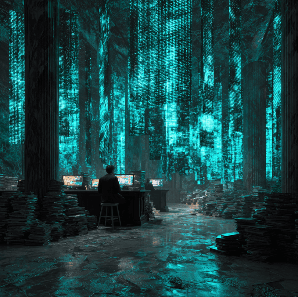 Symbolic image of FTX collapsing, with broken digital exchange graphics representing missing funds and secrecy.