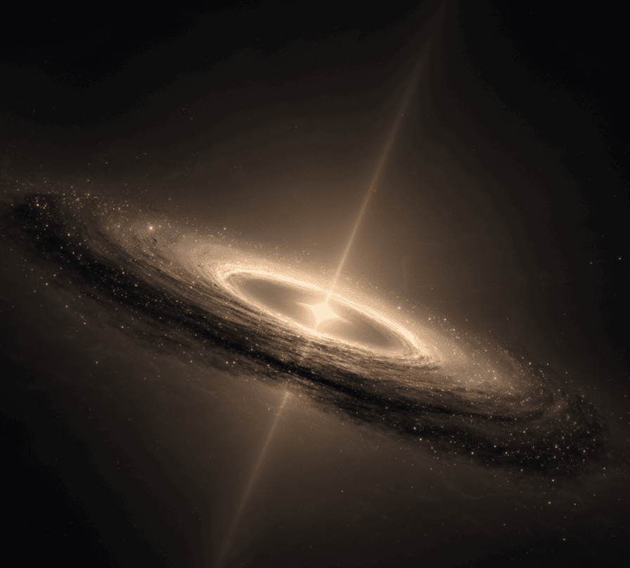 Artist depiction of a quasar with a perfectly stable, vibration-free accretion disk representing the “Silent Quasar” anomaly.