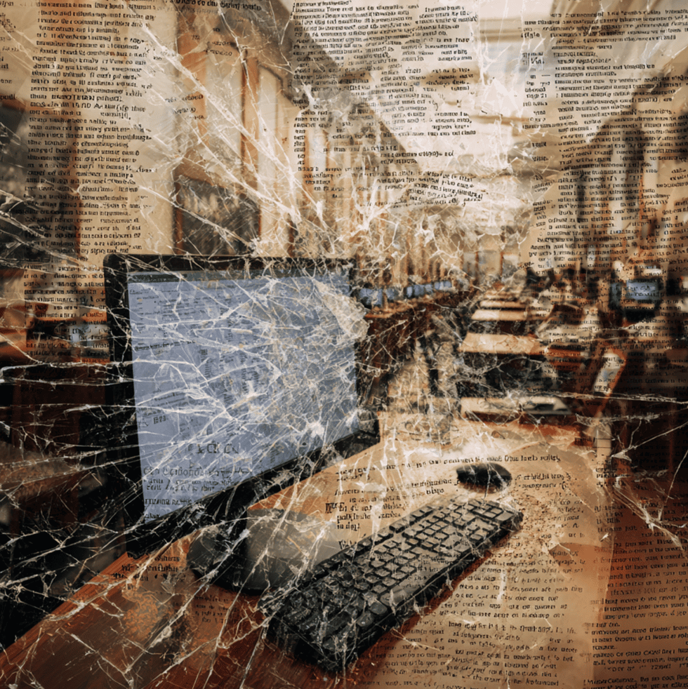 Visual metaphor of Gawker Media collapsing under the weight of a courtroom verdict and legal pressure.