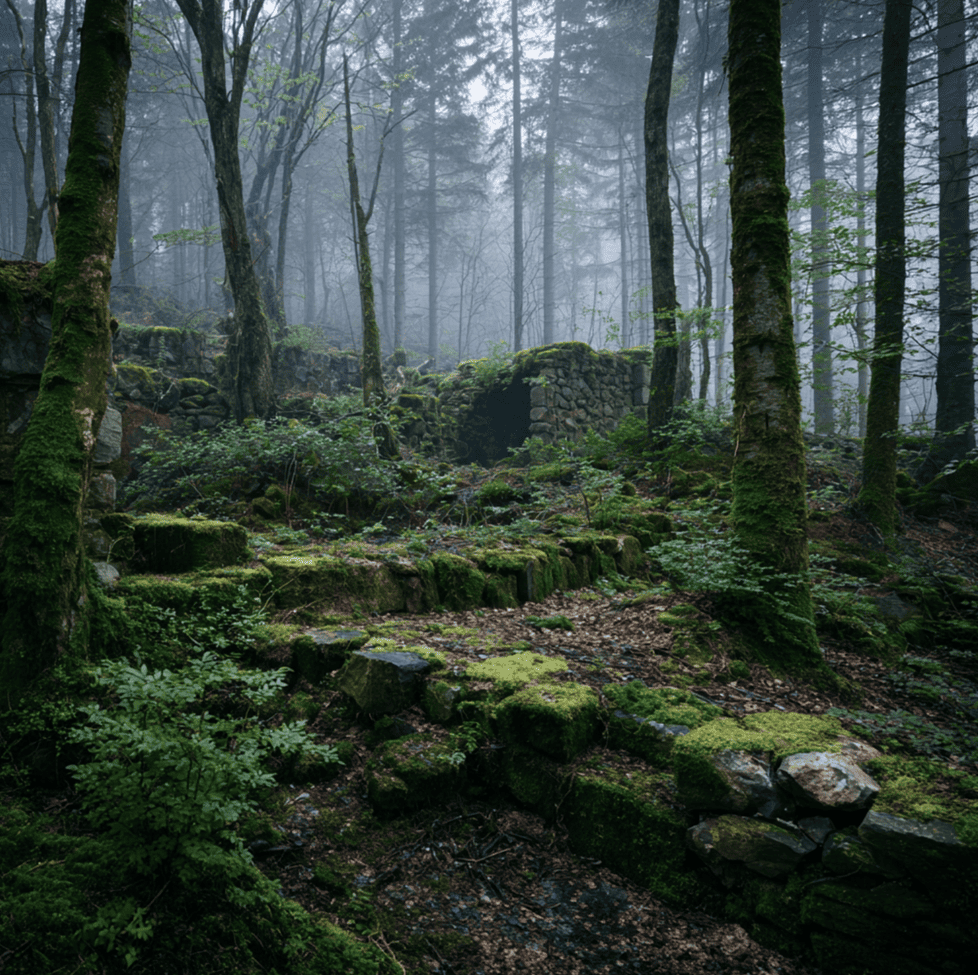 Abandoned stone foundations in a forest near the Nürburgring, hinting at the vanished village beneath the famous circuit