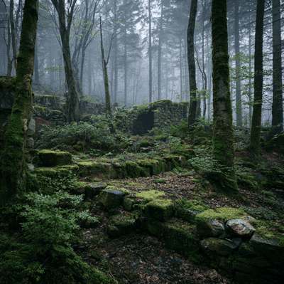 Abandoned stone foundations in a forest near the Nürburgring, hinting at the vanished village beneath the famous circuit