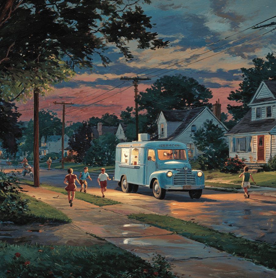 Vintage Good Humor ice cream truck with children running toward it, symbolizing the rise and collapse of the iconic ice cream empire.