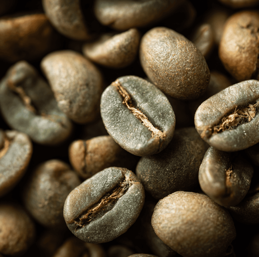 Green coffee beans passing through a multispectral sorting machine detecting chemical signatures invisible to the human eye.