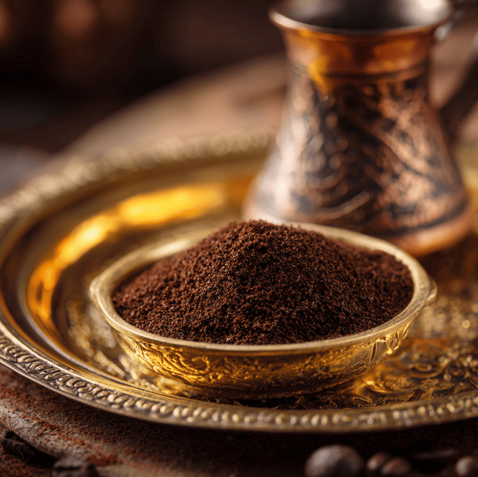 Ultra-fine Turkish coffee grind on a traditional tray beside a cezve