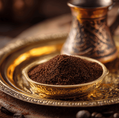 Ultra-fine Turkish coffee grind on a traditional tray beside a cezve