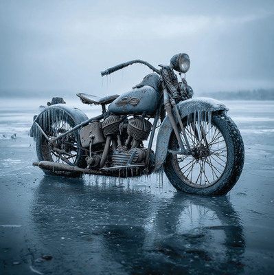 A 1940s Harley-Davidson Panhead emerging from a frozen lake after sinking, linked to the story of the motorcycle briefly firing back to life.