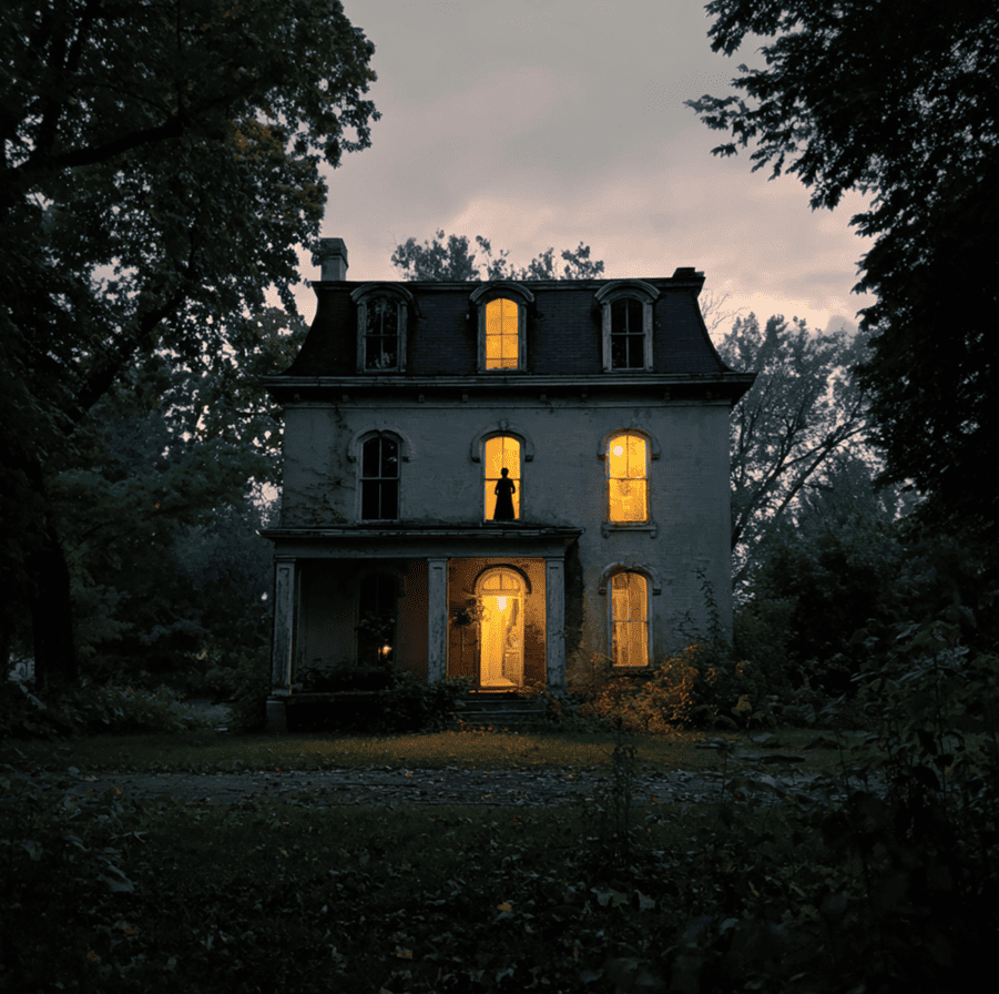 Abandoned Greencastle mansion with a faint female apparition visible in the upstairs window, referencing the 1990 ghost photo investigation.