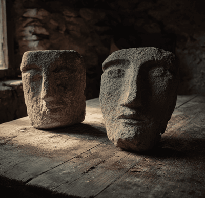 Carved stone Hexham Heads artifacts associated with alleged poltergeist activity.