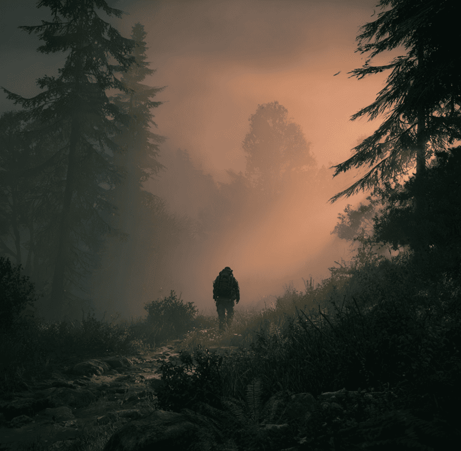 Rescue crews approaching a hiker emerging from a misty forest after being lost.