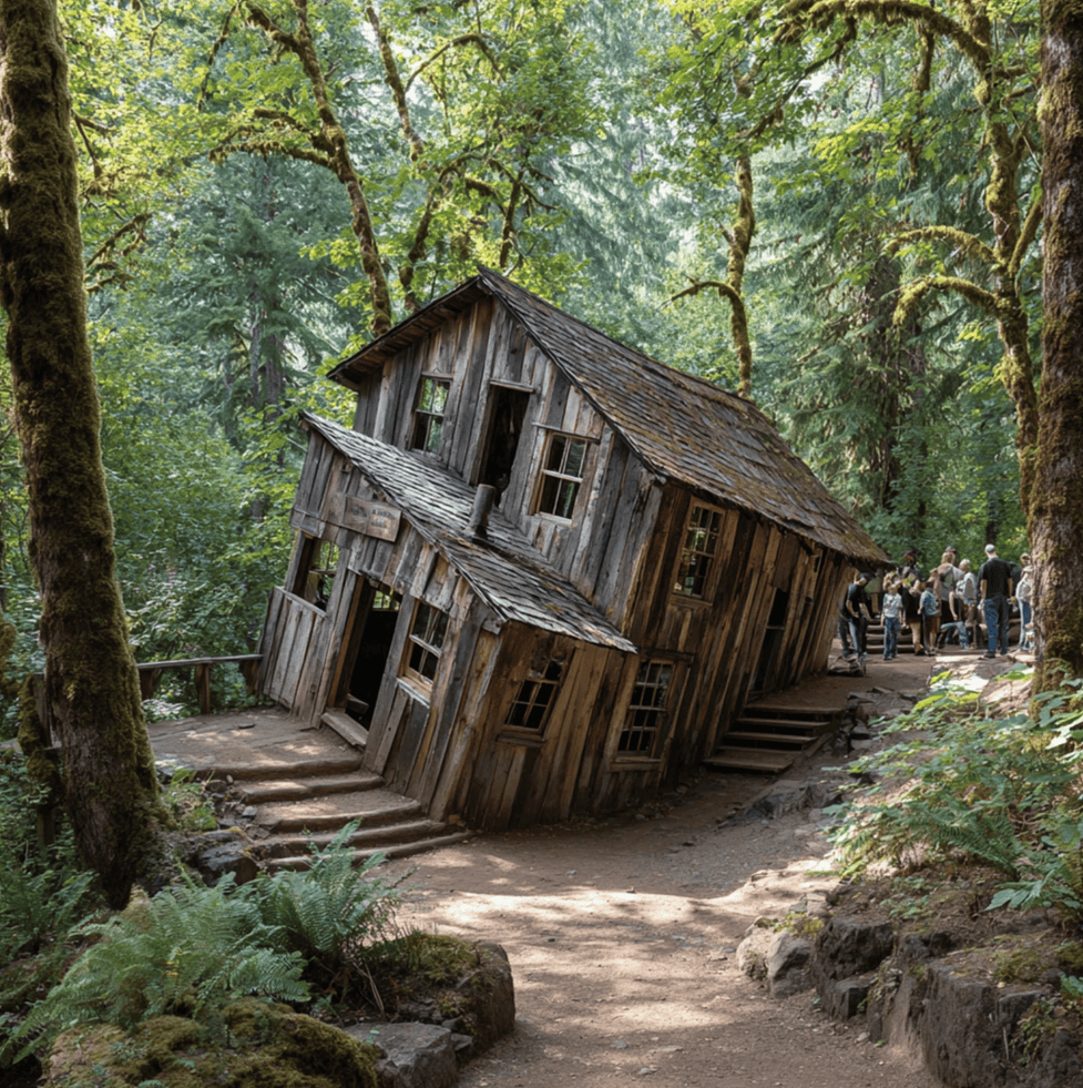 Leaning house at the Oregon Vortex where height and gravity illusions occur