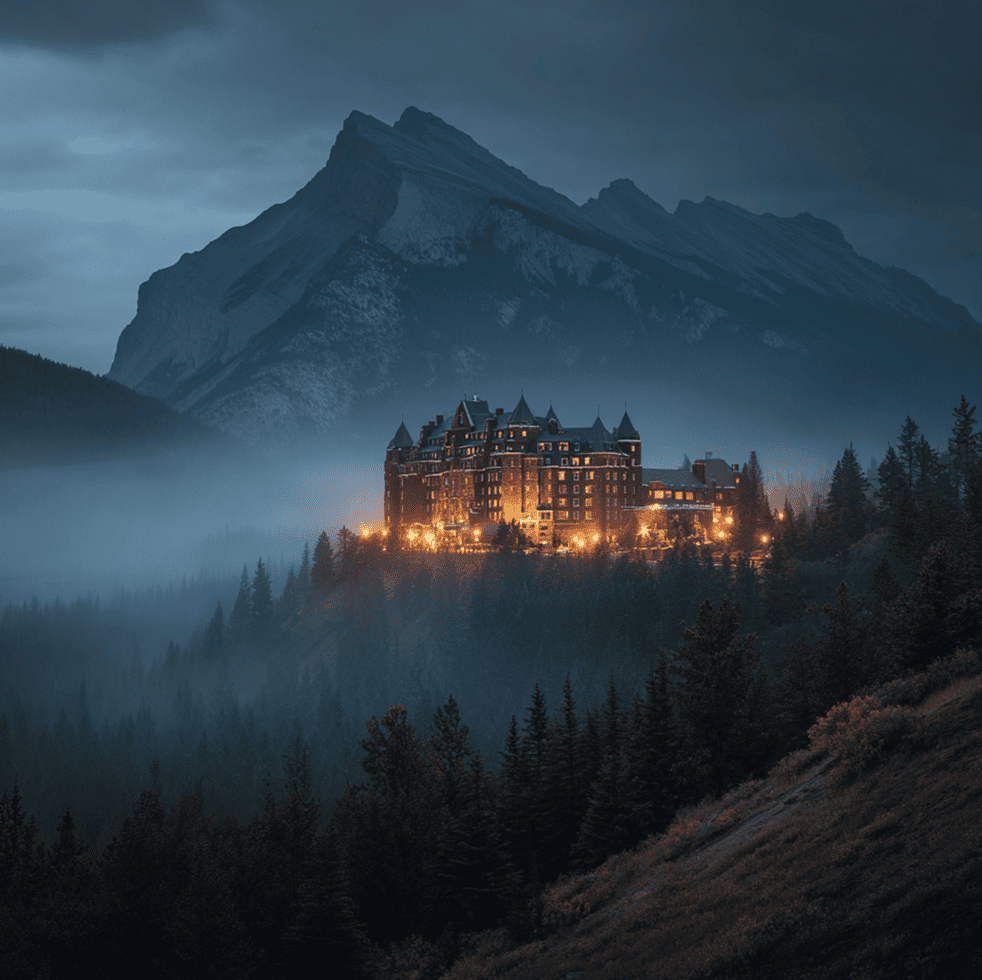Fairmont Banff Springs Hotel surrounded by fog, known for its haunted legends