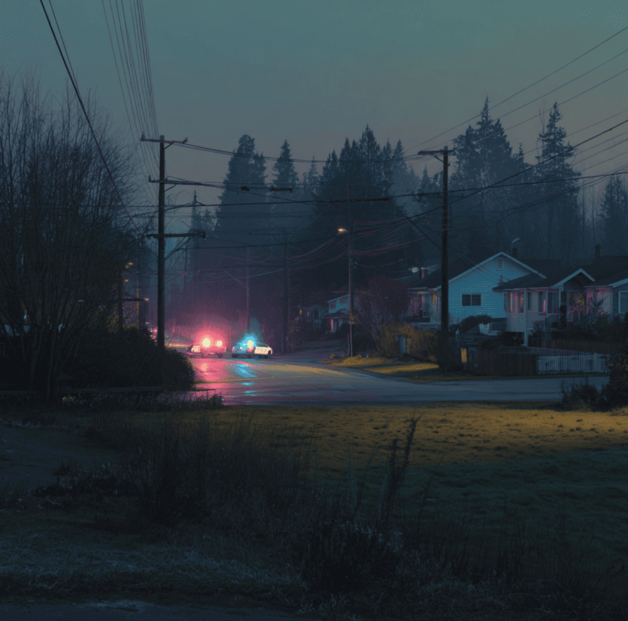 Dark Canadian roadside scene at dusk representing the mysterious death of Cindy James and the unresolved circumstances surrounding her case.
