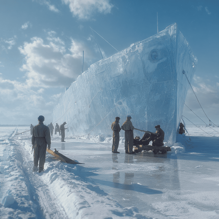 Depiction of Project Habakkuk prototype on Lake Patricia, illustrating Britain’s WWII ice aircraft carrier concept.