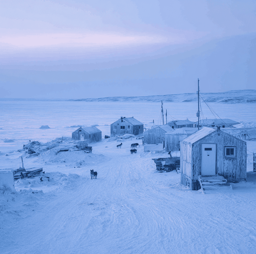 Abandoned Inuit settlement near a frozen lake, with empty snow houses and stillness representing the Anjikuni disappearance mystery.