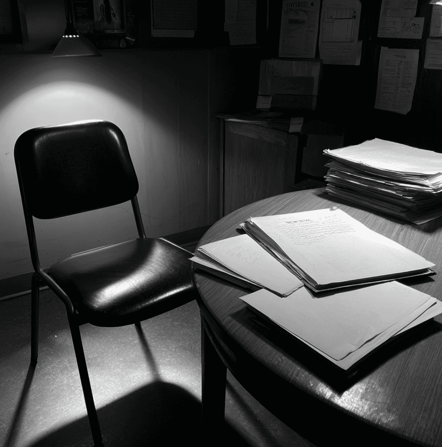 Empty interrogation room with unsolved case files, symbolizing confessions to crimes that never occurred.