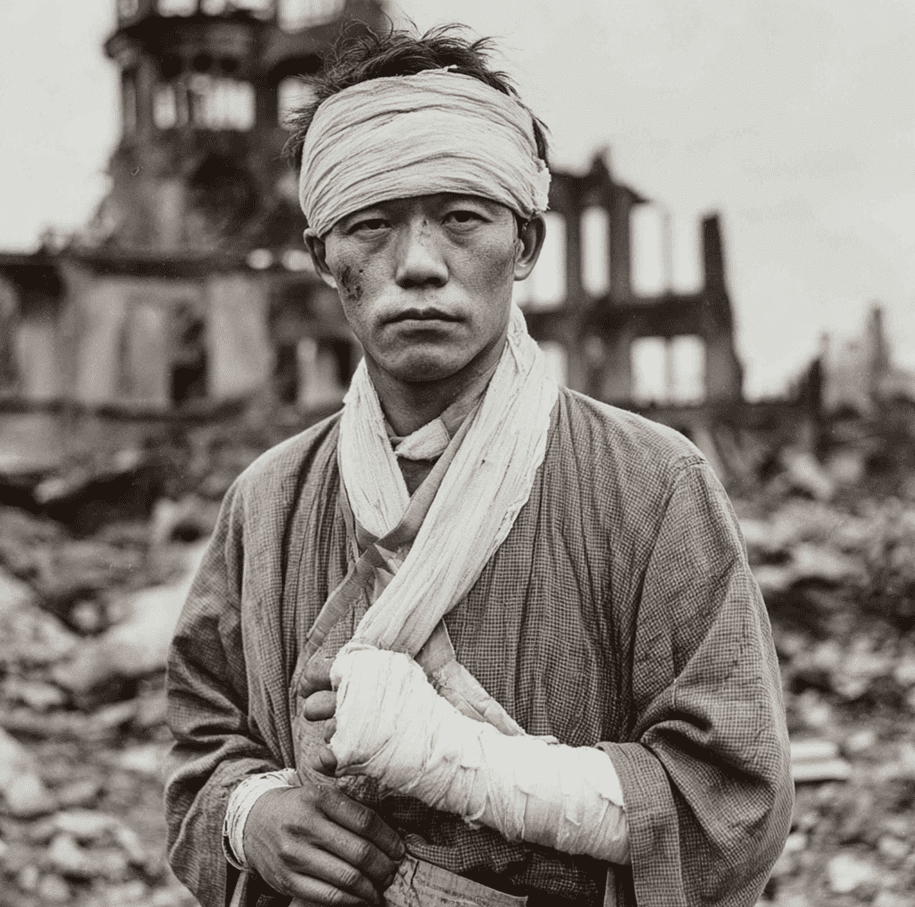 Depiction of Tsutomu Yamaguchi surviving both Hiroshima and Nagasaki atomic bombings.
