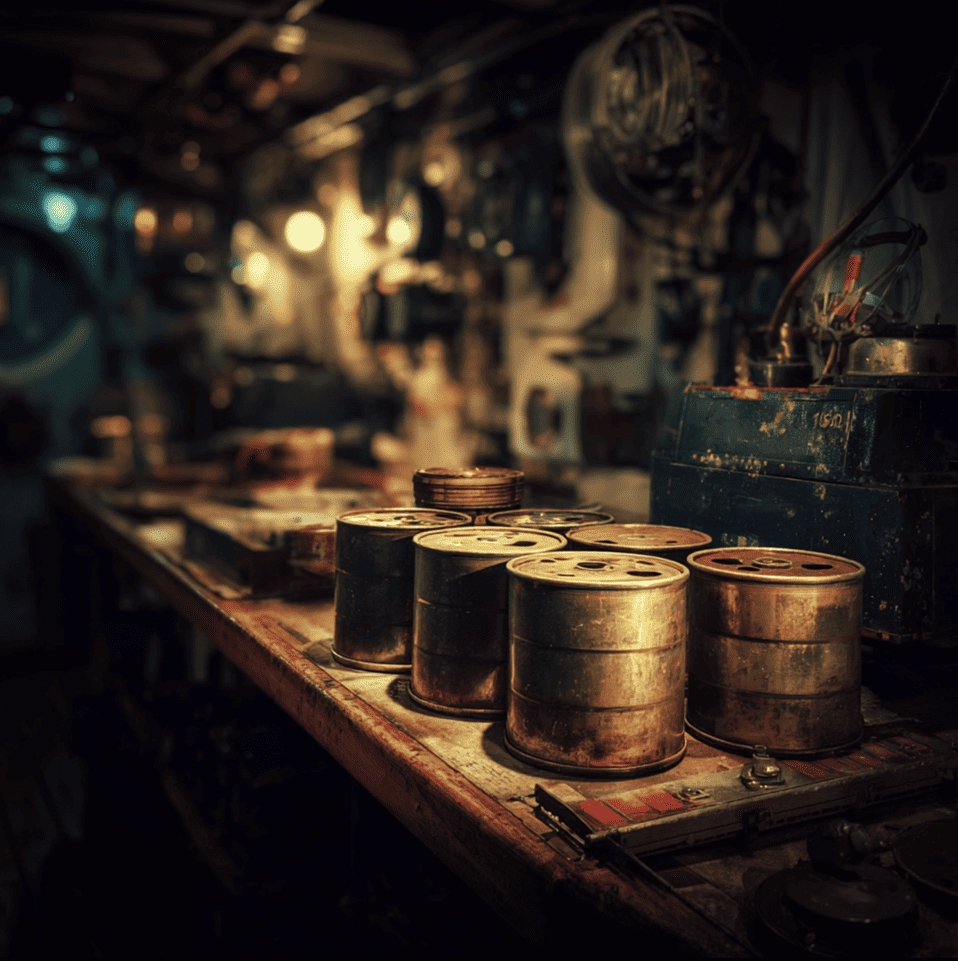 Old film canisters aboard a ship, symbolizing Jacques Cousteau’s missing footage archives