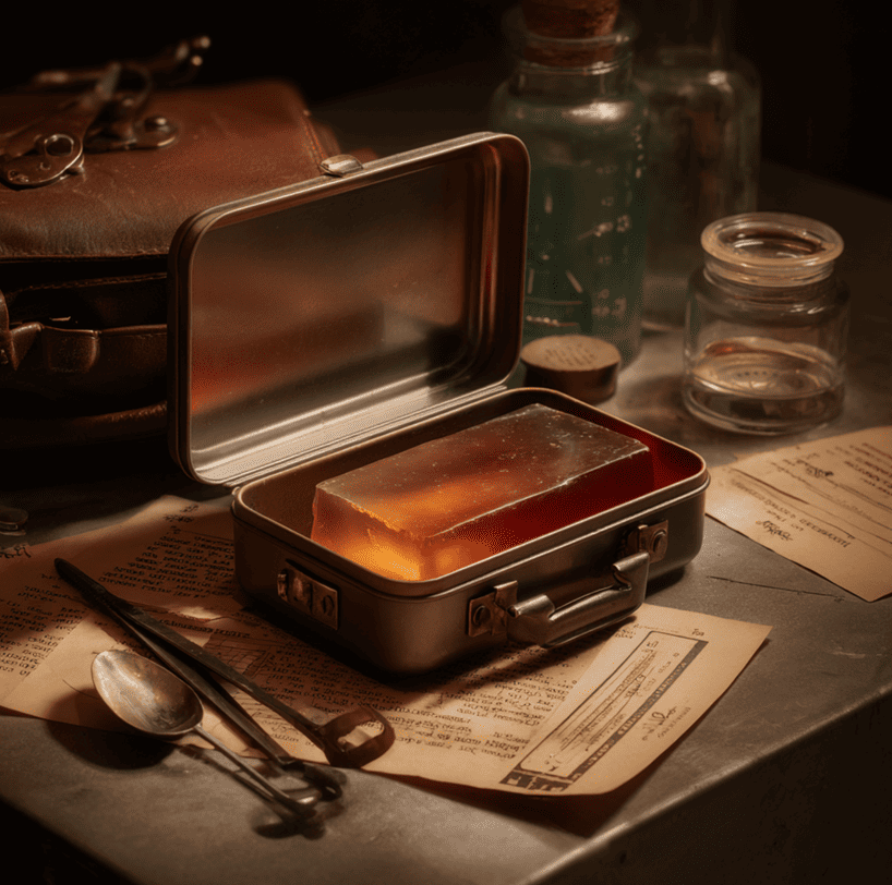 WWII ration tin containing a still-intact jelly block being examined under laboratory lighting, illustrating the mystery of its long-term preservation
