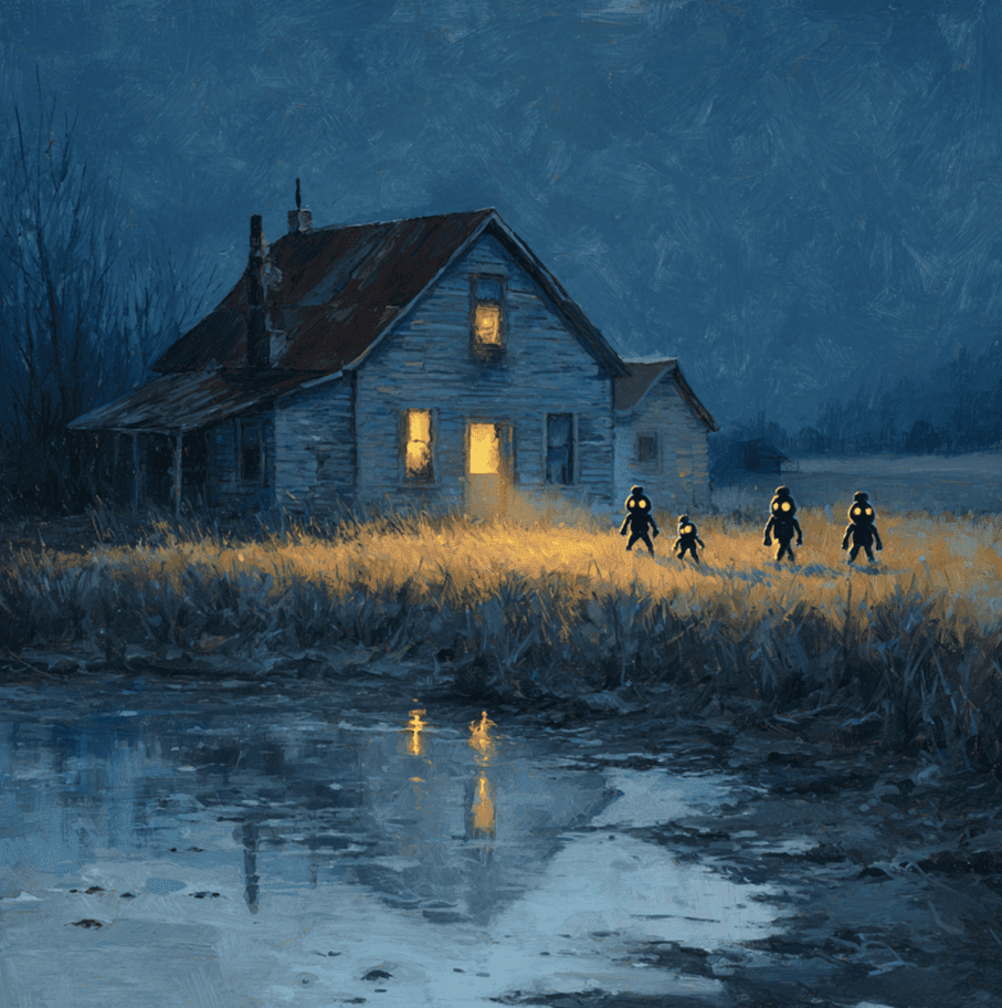 Artistic depiction of small glowing-eyed beings near a rural Kentucky farmhouse, representing the Kelly–Hopkinsville Goblin Encounter.