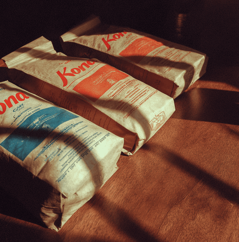1970s-style coffee bags labeled Kona, referencing the Kona Kai coffee fraud scandal.