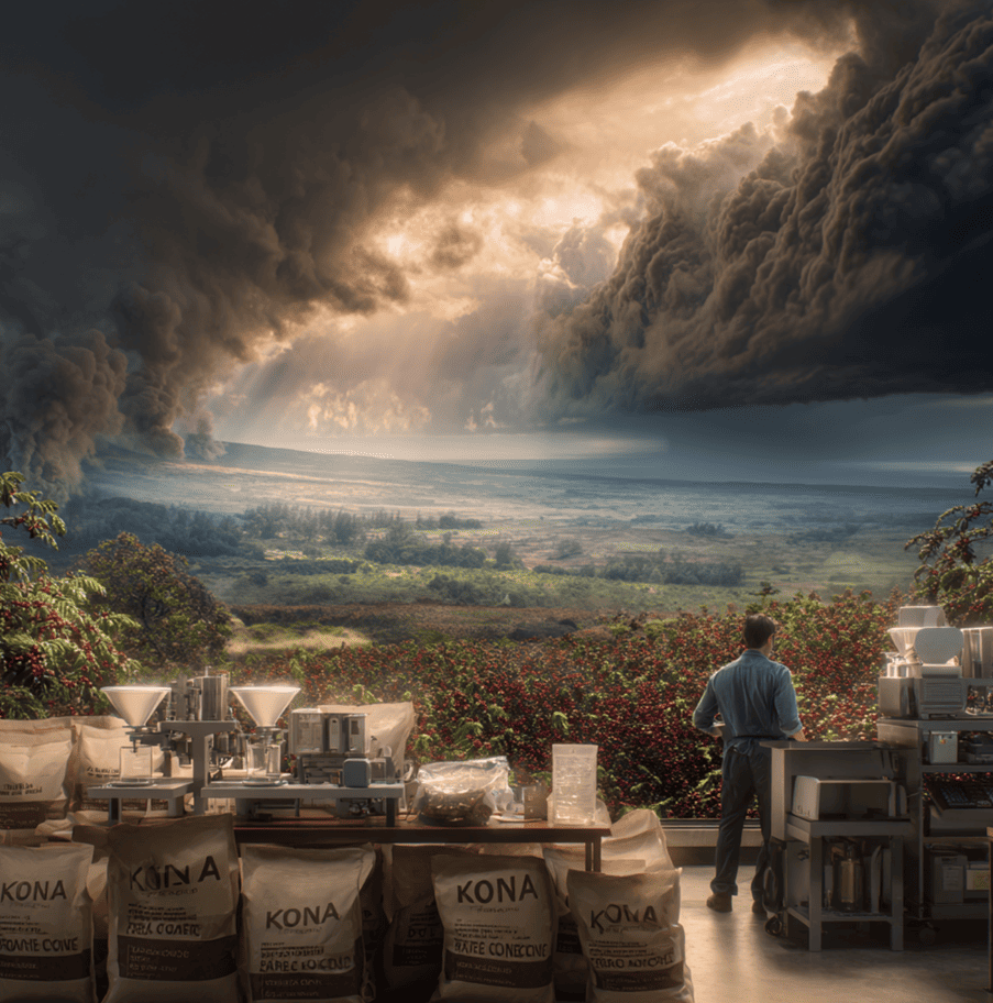Bags of coffee labeled as Kona being tested in a laboratory for trace-element authenticity, highlighting the global Kona coffee fraud investigation.